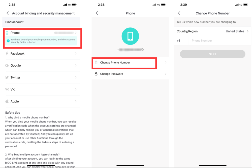 Écran de Changement de Numéro BIGO Live